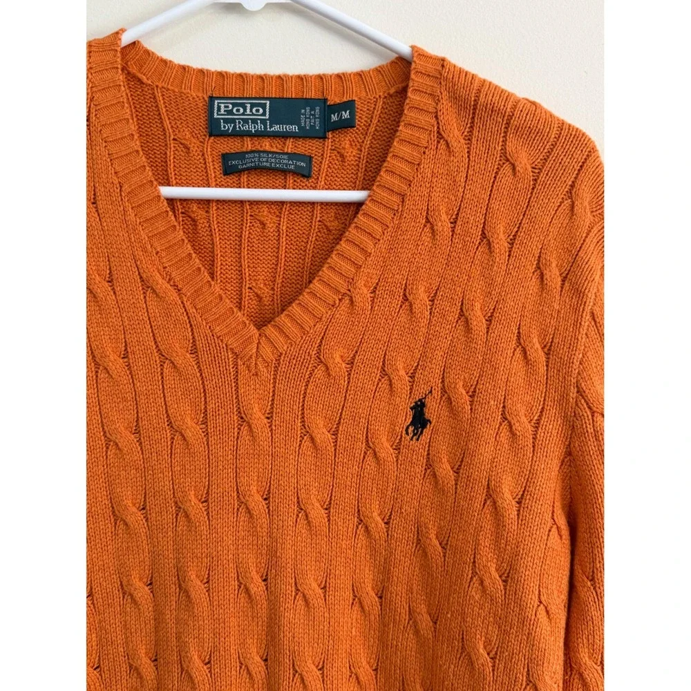 VTG Polo Ralph Lauren Orange 100% Silk Cable Knit V-Neck Sweater Mens Medium